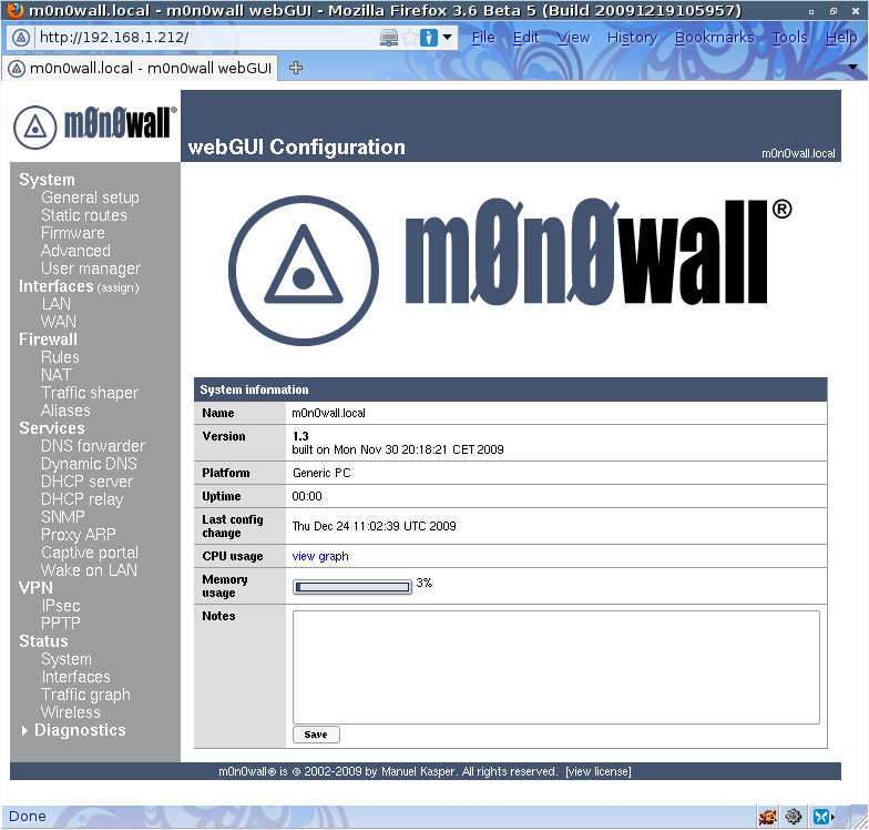 図2　m0n0wall 1.3実行例 - 最初に表示されるWebインターフェース