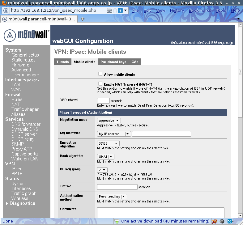 図5　m0n0wall 1.3実行例 - VPNの設定画面