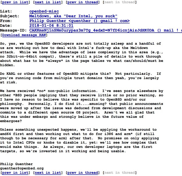 Meltdown, aka ”Dear Intel, you suck”｜openbsd-misc