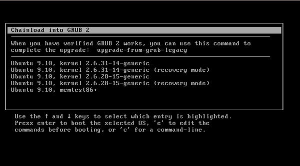 図5　GRUB LegacyからGRUB 2を呼び出すようになっているのがわかる