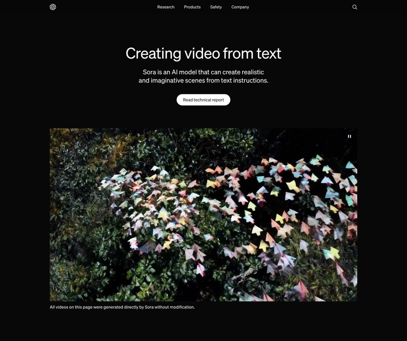OpenAIが発表した、動画生成AIモデル「Sora」のウェブサイト。ユーザーがテキストで要求したものが何か、それらがどのように存在するのかも理解して、動画を生成するAIモデル