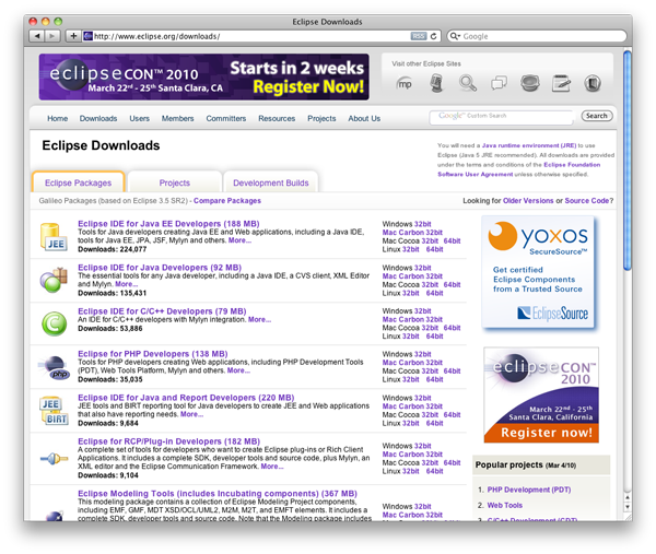 図5　Eclipseのダウンロードページ。多くのパッケージがあるので間違いないように注意。