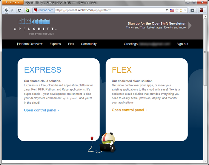 図1　OpenShiftのトップページ。サインインするとコントロールパネルが利用できる