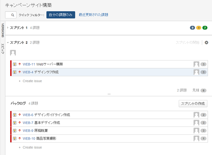 図1　JIRA Agileのインターフェース。画面上部にスプリントに割り当てたタスク（スプリントバックログ）、その下にプロジェクトの全タスク（プロダクトバックログ）が表示される