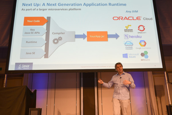 将来のエンタープライズアプリはJava EEのAPIとJava SEランタイムを合わせてコンパイルすることで、1本jarファイルを作り、それをさまざまなクラウドプラットフォーム上で改変なく動作できるというイメージ