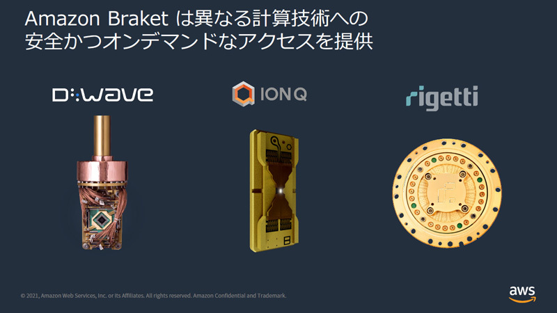 Amazon Braketで提供されるメインの量子デバイス。D-Wave、IonQ、Rigettiと実績のあるベンダのQPUをクラウド経由で利用できる