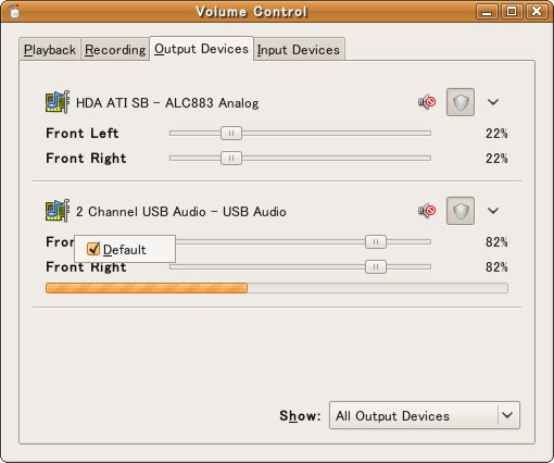 図2　PulseAudio Volume Controlの[Output Device]タブ