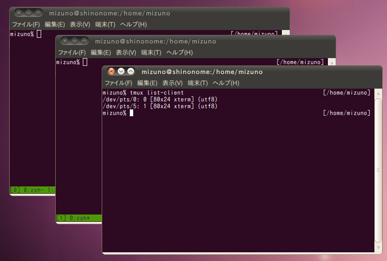 図4　複数のtmuxセッションを起動し、二つの端末からそれぞれのセッションにアタッチした状態でlist-clientを実行してみた