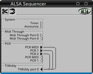 図12　Aconnectguiの画面。timidity++と、USB接続のPCR-M30とを接続