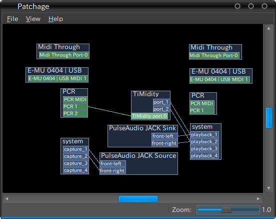 図15　Patchageの画面。PatchageはJACKサウンドサーバにおいて、音の入出力とMIDI入出力を自在に接続するためのユーティリティで、timidity++のMIDIポートに接続をすると、音の出力ポートが設けられるのがわかる