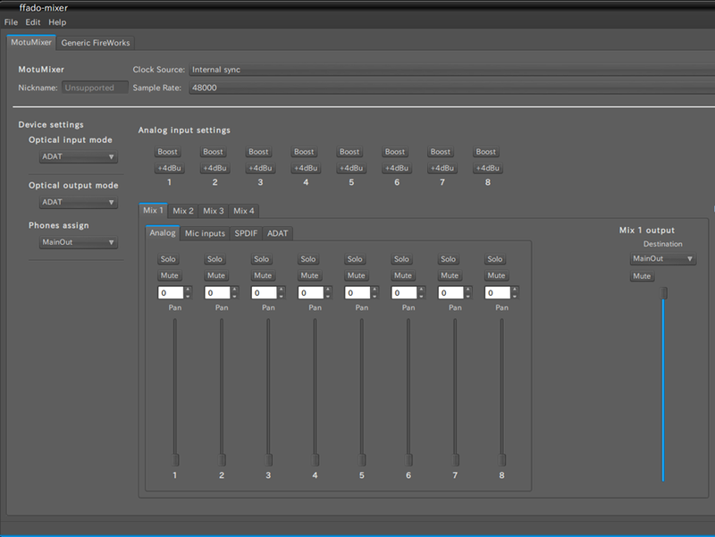 図9　FFADOミキサーの画面。タブ「MotuMixer」でMOTU 828 Mk2に対応するミキサーに、タブ「Generic FireWorks」でEcho Audiofire Pre 8に対応するミキサーに切り替えることができる