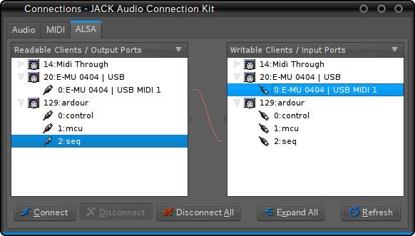 図4　ConnectウィンドウでArdourのポート「seq」と、ハードウェア/ソフトウェアのポートを接続