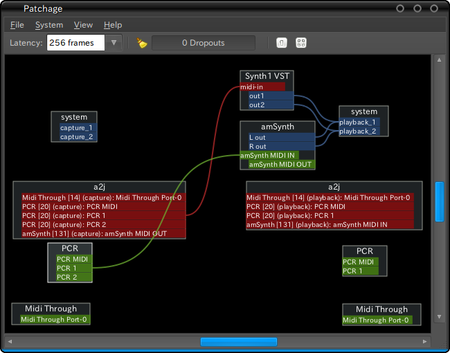 図7　a2jmididを起動してからpatchageでMIDIポートを見ると、ALSAシーケンサー上で認識されたポートが、そのままJACKシーケンサーから認識されている状態を確認できる。なお、紺はJACKオーディオ機能、緑はALSAシーケンサー機能、赤はJACKシーケンサー機能で認識されているポートを示し、同じ色のポートのみ接続が可能