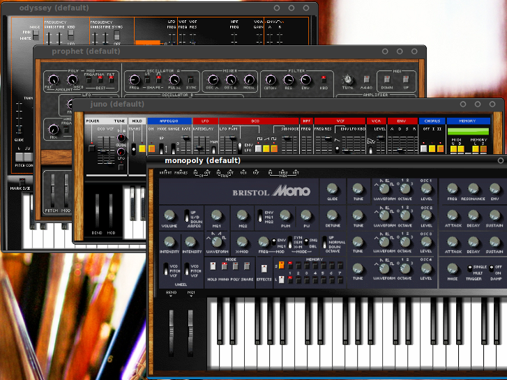 図6　シンセサイザーの一例。左上からARP Odyssey、Sequential Circuits Prophet-5、Roland Juno-6、Korg MonoPoly