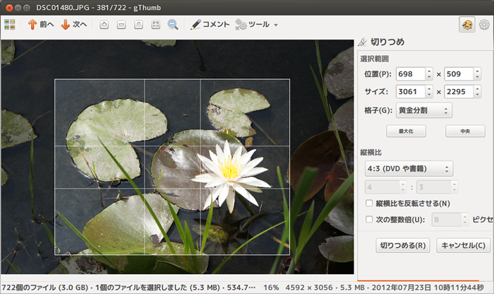図8　軽快な写真ビューアーとしても優秀な『gthumb画像ビューアー』。サイズや位置、縦横比固定はもちろん、グリッド（格子）表示では黄金比率や3分割も指定できるので、ビジュアルのバランスを見ながら切り抜き作業ができるのが便利