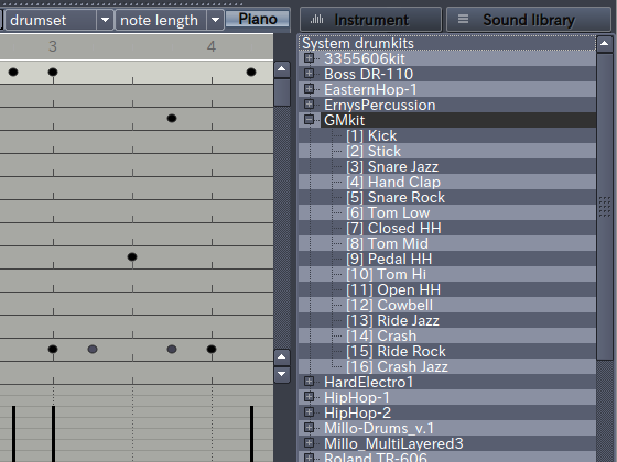 図5　インストルメント・ラックの「Sound Library」。画面では「GMKit」ドラムキットに登録されているインストルメントがツリー表示されている
