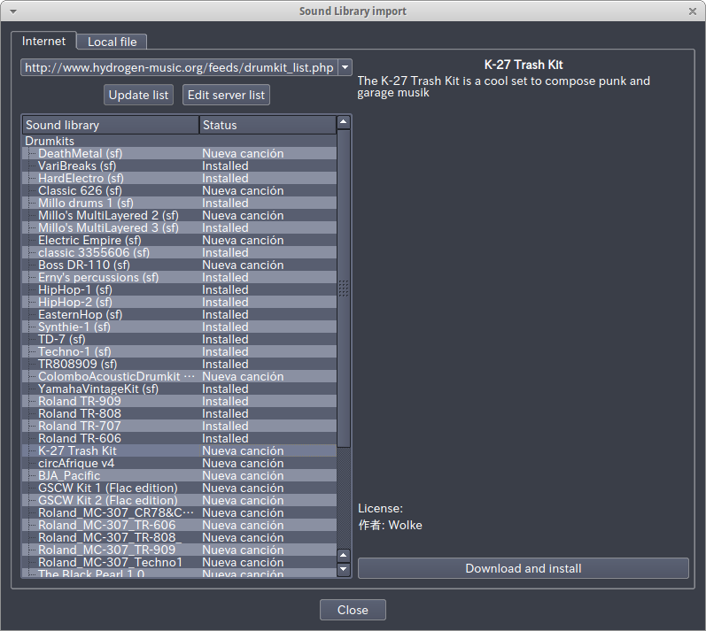 図7　「Sound Library import」ウィンドウ。図ではダウンロード可能なドラムキットのリストが表示される