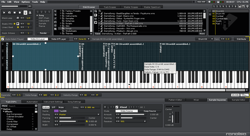 図9　Sample Keyzones。ここではDrumkitとして使われているインストルメントを表示している。音程によって異なるサンプルが割り振られている