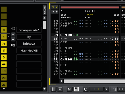 図10　パターンエディター左の数字が発音の順番を表す。その上を見ると、パターンが512行で構成されるよう設定されていることがわかる。