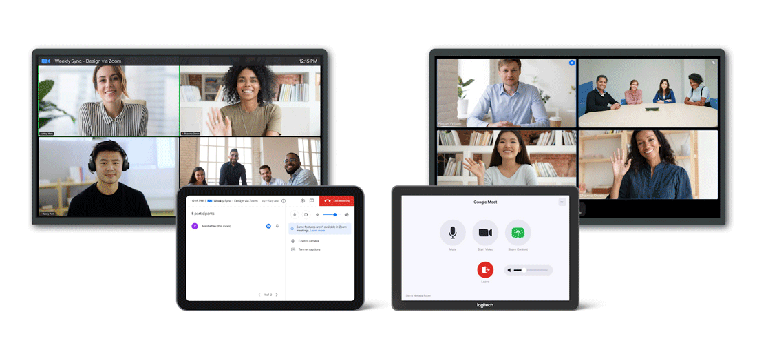 左：Google MeetハードウェアでのZoomミーティング、右：Zoom RoomsでのGoogle Meet