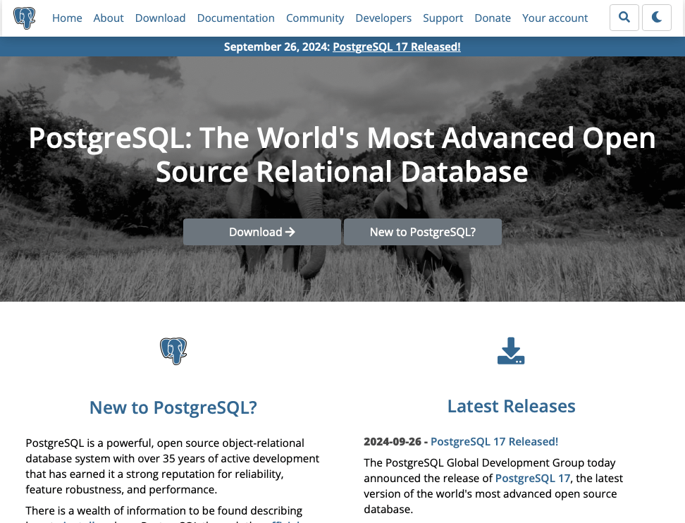 PostgreSQL Global Development Groupのトップページでの新バージョン17正式リリースのお知らせ