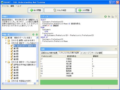 SQUAT：入力したSQLが正しいと判定されると，グリーンバーと実行結果が表示される（画面は開発中のもので実際の画面とは異なります）