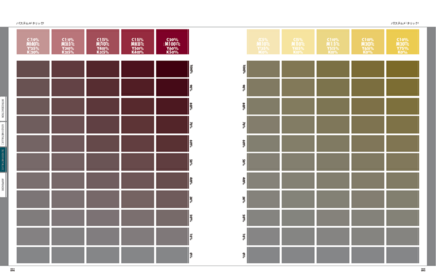特色を使ったイラストと掛け合わせカラーチャートを掲載。特色使用時の実際の印刷イメージがわかります