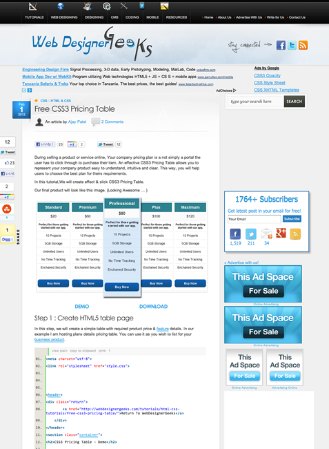 図3　価格表をCSS3でデザインするチュートリアル記事