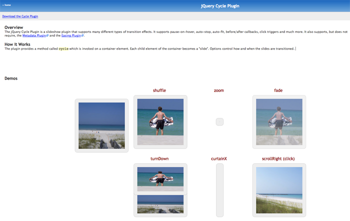 「jQuery Cycle Plugin」のサイト。様々なトランジションをプレビューすることができる。
