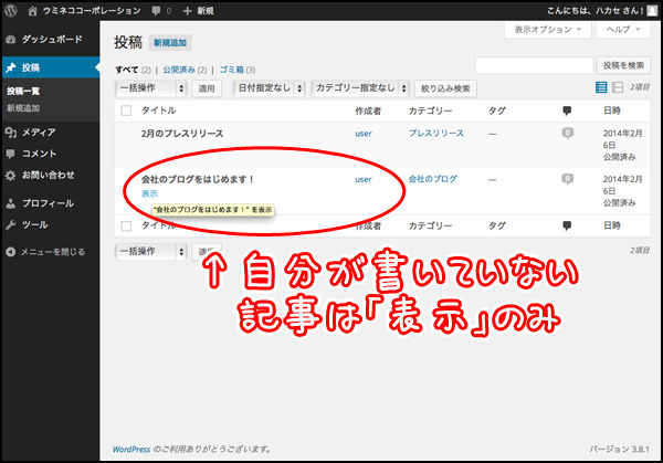 自分が書いた記事でない場合、編集やゴミ箱のリンクは表示されません。固定ページのメニューも無くなっていますね