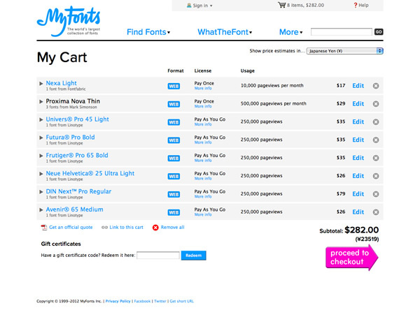 図5　ウェブフォントをカートに入れると「Pay As You Go」の表示がされる