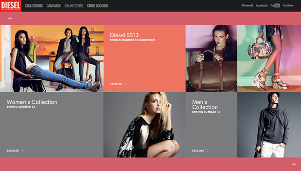 図7　フラットなデザインが特徴の「Diesel」公式ウェブサイト