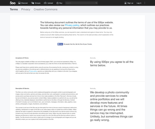 図3　「500px」のサービス利用規約とその要約が並ぶ『500px / Terms of Service』