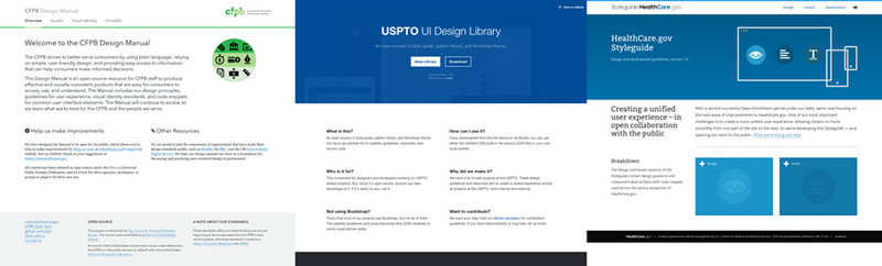 図8　アメリカの政府機関である、CFPB（消費者金融保護局）、USPTO（特許商標庁）、Healthcare.gov（オンライン健康保険市場）それぞれが、独自のデザインガイドラインを用意して運用している