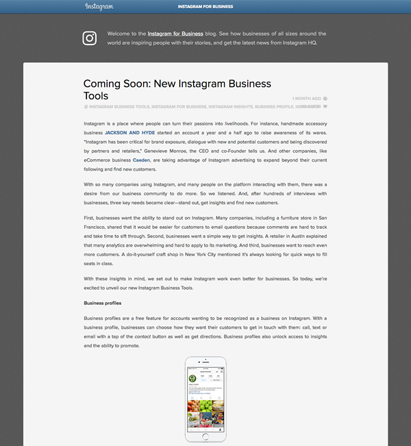 図7　blogで発表された、Instagramのビジネスツールは、2016年末までに全世界で利用が可能になるという