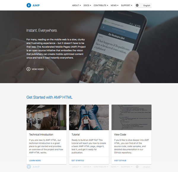 図10　モバイル端末のウェブサイト表示速度を高速化するGoogleのプロジェクト、「AMP（Accelerated Mobile Pages）Project」のウェブサイト