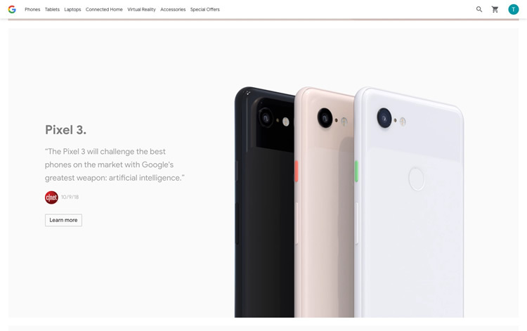 図6　Googleが発売したスマートフォン「Pixel 3」。Google Pixelシリーズのスマートフォンとしては、日本で初めて発売された