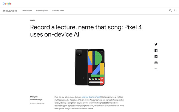 図5　Google Blogでは、スマートフォン「Google Pixel 4」のさまざまな機能機能に必要なものは、すべてデバイス内で処理されることを説明している