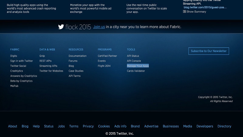 図2　Twitterのアプリ開発者ページ下部
