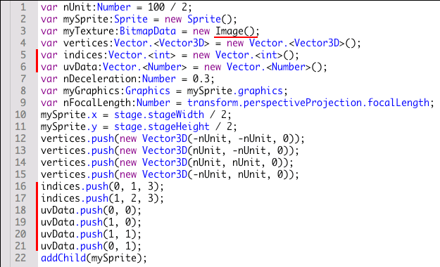 図1　初期設定にGraphics.drawTriangles()メソッドの引数となるVectorオブジェクトを加える