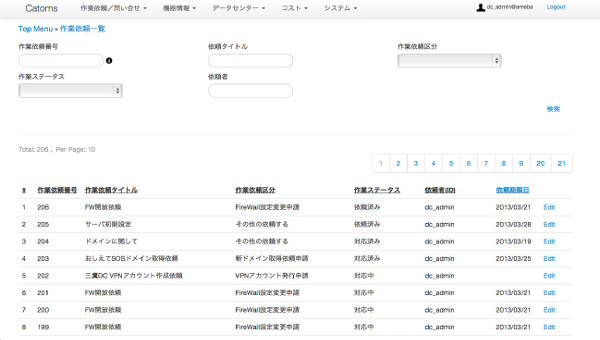 図2　サーバの構築申請などを受け付けるための「CATOMS」。Cloverと連携し、申請からサーバ構築までの処理を自動化した