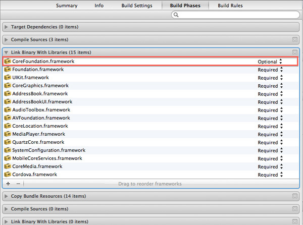 XCodeに「CoreFoundation.framework」を追加。RequiredをOptionalに