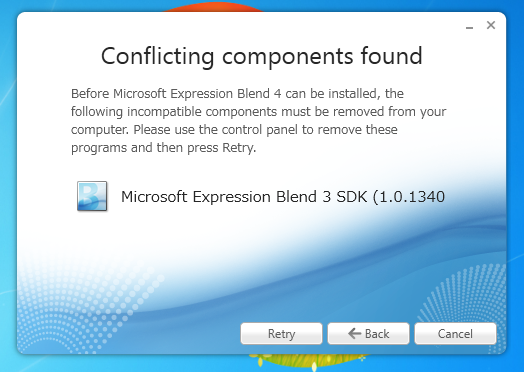 図11　しかしここでトラブルが発生しました。Expression Blend 3 SDKがインストールされていると競合してExpression Blend 4をインストールすることができません。