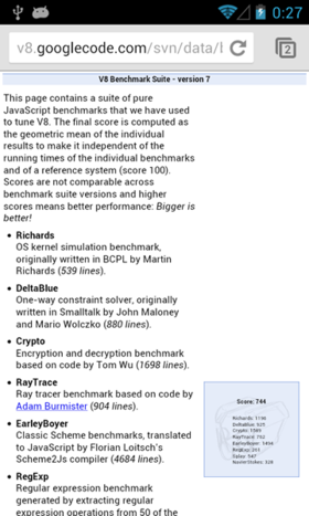 V8 Benchmark Suiteを実行している様子。標準Webブラウザの方が若干良い結果となっている