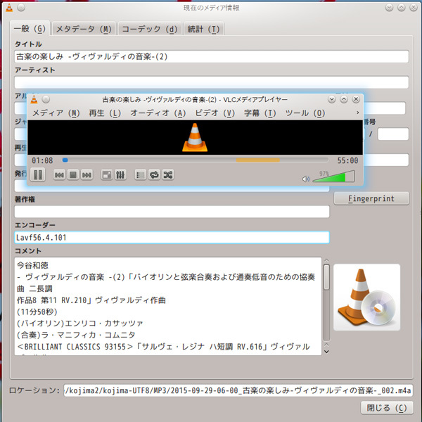 図1　VLCで録音したファイルのメディアデータを表示