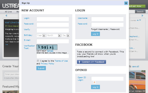 図1　Ustream.tvのSign Up画面