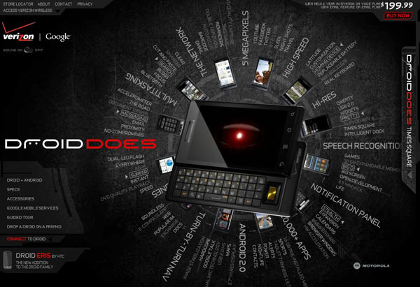 図1　DROIDのWebサイト。その多機能ぶりをアピールするサイトの作りとなっている。