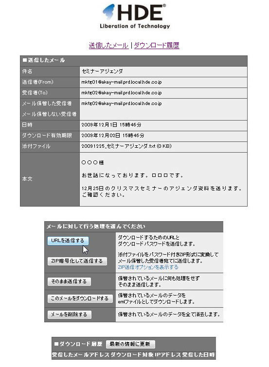 通知メールにあるURLを開くと、送信したメール、および添付ファイルに対する操作を選択できる。このURLの処理を行わなくても、保留時間経過後、デフォルトの処理を行いメールは発送される。