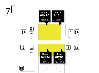 会場MAP（抜粋）。部屋ごとに「日本語」「英語」に分けられています