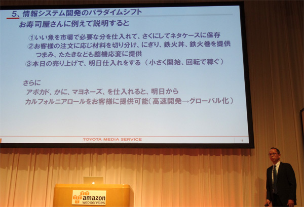 AWSを利用したパラダイムシフトをお寿司屋さんにたとえて説明する藤原氏。部下にこの説明を使ったところ「実際に見てみないとピンとこない」と言われてお寿司をおごる羽目になったそうです